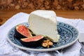 Delice de Bourgogne French cow`s milk cheese from Burgundy region of France served with fresh figs and walnuts