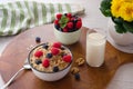 Porridge with raspberrys blueberrys and walnuts