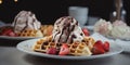 Deliciou Ice Cream Waffle Dessert With Strawberries On A Plate