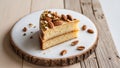 Delicious almond cake on wooden table with nuts. Royalty Free Stock Photo