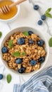 Delicious american breakfast cornflakes, berries, honey on bright white background with copy space