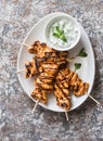 Delicious appetizer or snack - chicken skewers and tzaziki sauce Royalty Free Stock Photo