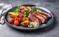 Delicious appetizer, tapas, lunch plate - beef steak, vegetables salad