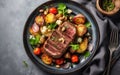 Delicious appetizer, tapas, lunch plate - beef steak, vegetables salad