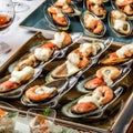 Delicious appetizers with mussels, shrimp and cheese sauce on banquet table. Gourmet food close up, snack, antipasti Royalty Free Stock Photo