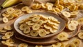 Delicious appetizing banana chips crunchy vegetarian slice snack