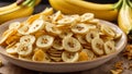 Delicious appetizing banana chips crunchy vegetarian slice snack sweet