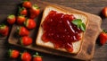 Delicious appetizing bread with strawberry jam on the table