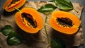 Delicious appetizing fresh cut papaya seed healthy dessert eating exotic delicious Royalty Free Stock Photo