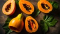 Delicious appetizing fresh cut papaya orange healthy dessert eating