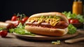 Delicious appetizing hot dog american food , mustard, lunch bread american homemade