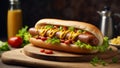 Delicious appetizing hot dog sauce food , mustard, delicious bread american homemade