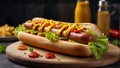 Delicious appetizing hot dog sauce food , mustard, lunch bread american homemade