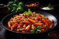 Delicious and Appetizing Italian Penne allArrabbiata with Copy Space for Text or Menu Presentation