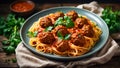 Delicious appetizing meatballs preparation spaghetti, tomato sauce in the organic traditional