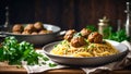 Delicious appetizing meatballs with spaghetti in the kitchen