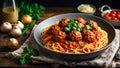 Delicious appetizing meatballs with spaghetti, tomato sauce in the organic