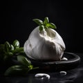 Delicious, appetizing pickled burrata cheese with cream, isolated on black close-up,