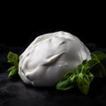 Delicious, appetizing pickled burrata cheese with cream, isolated on black close-up,