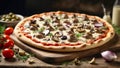 Delicious appetizing pizza with champignons on the table