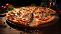 Delicious appetizing pizza with cheese on table in pizzeria closeup