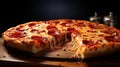 Delicious appetizing pizza with cheese on table in pizzeria closeup