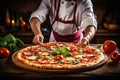 Delicious appetizing pizza close-up in restaurant