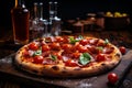 Delicious appetizing pizza close-up in restaurant