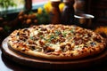 Delicious appetizing pizza close-up in restaurant