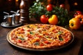 Delicious appetizing pizza close-up in restaurant