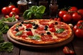 Delicious appetizing pizza close-up in restaurant