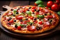 Delicious appetizing pizza close-up in restaurant