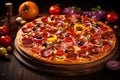 Delicious appetizing pizza close-up in restaurant