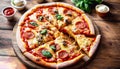 Delicious and appetizing pizza with various ingredients on a wooden table