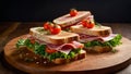 delicious appetizing sandwich bacon and cheese, cheese, tomatoes nutrition Royalty Free Stock Photo