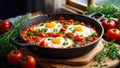 Delicious appetizing shakshuka on the table breakfast