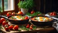 Delicious appetizing shakshuka on the table breakfast lunch