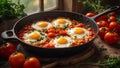 Delicious appetizing shakshuka on the table