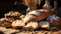 Delicious appetizing sliced bread and its slices lie on a wooden table next to ears of wheat. Still life with food Royalty Free Stock Photo