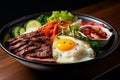 Delicious and appetizing south korean bibimbap. mixed rice with fresh vegetables and flavorful meat