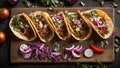 Delicious appetizing taco meat and onion on old culinary parsley food