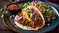 Delicious appetizing taco meat and onion on old culinary parsley food mexican