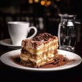 Delicious appetizing tiramisu cake with savoiardi sticks and coffee cream. World famous dessert. Generative AI
