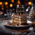 Delicious appetizing tiramisu cake with savoiardi sticks and coffee cream. World famous dessert. Generative AI