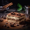 Delicious appetizing tiramisu cake with savoiardi sticks and coffee cream. World famous dessert. Generative AI