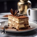 Delicious appetizing tiramisu cake with savoiardi sticks and coffee cream. World famous dessert. Generative AI