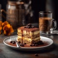 Delicious appetizing tiramisu cake with savoiardi sticks and coffee cream. World famous dessert. Generative AI