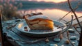 Delicious Apple Pie Slice at Sunset by the Lake Royalty Free Stock Photo