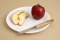 Delicious apple and slice in white plate with knife and fork Royalty Free Stock Photo