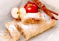 Delicious apple strudel, apple cake and cinnamon stick